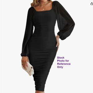 MEROKEETY Long Puff Sleeve Ruched Bodycon Dress with Square Neck